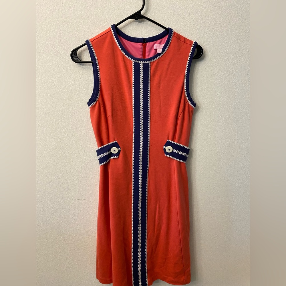 Lilly Pulitzer Fannie dress. Tangerine with navy and white detail. Size Small.